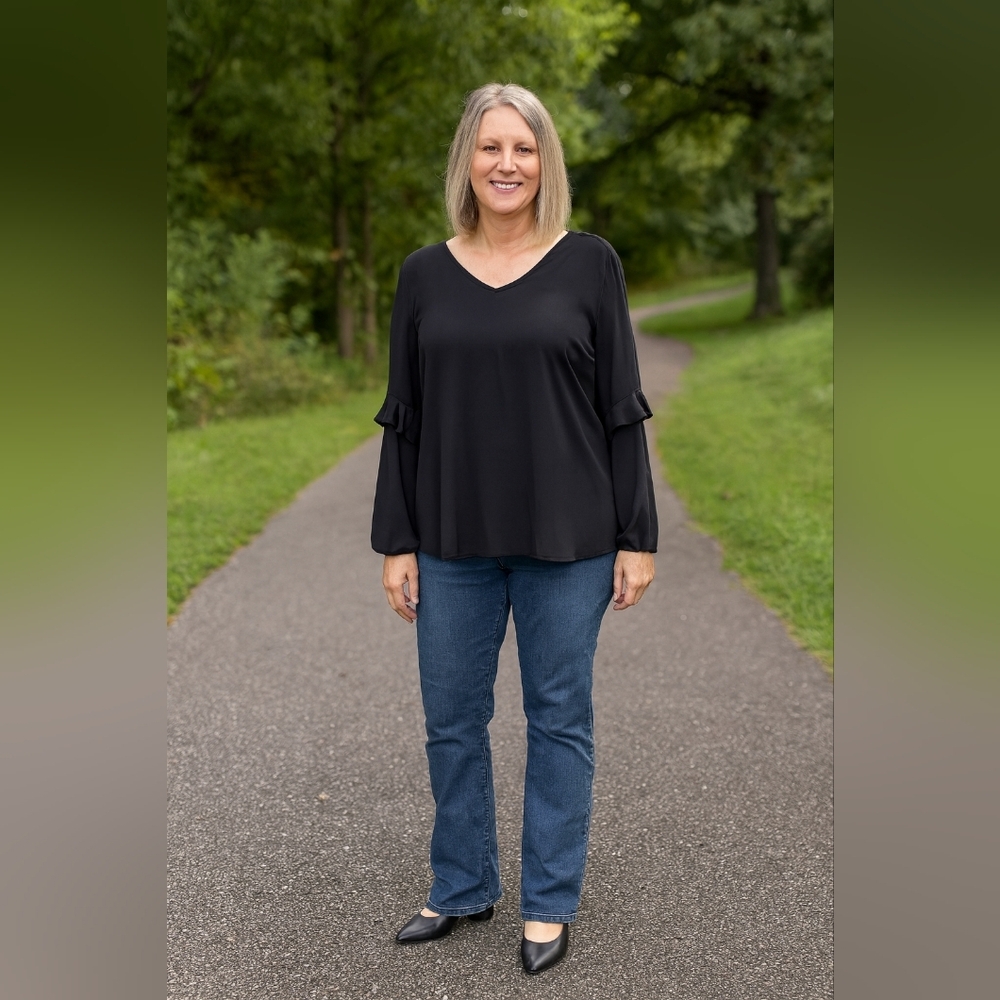 Veronica M Med Black V Neck Blouse With Eyelet Detail And Ruffle Sleeves Sheer